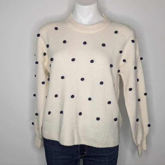 Madewell cream dark blue pom pom wool blend crew neck long sleeve sweater XS - Picture 1 of 9
